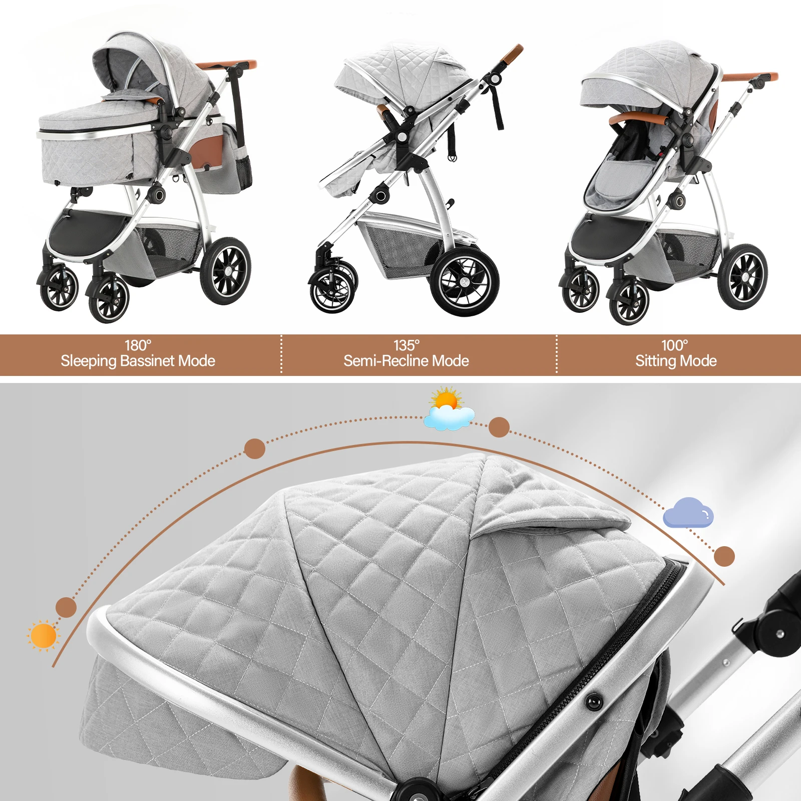 Baby Stroller 3 in 1 Portable Travel Baby Carriage Newborn High Landscape Aluminum Frame Stroller Infant Fold Parm