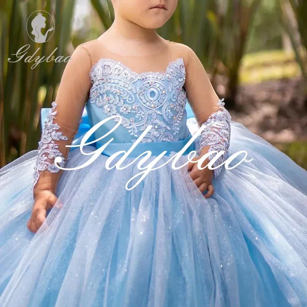 Himmelblaue Blumen mädchen kleider Kleinkinder Spitze Tüll Prinzessin Festzug Kleid funkelnde Langarm Kommunion Hochzeits feier Ballkleid