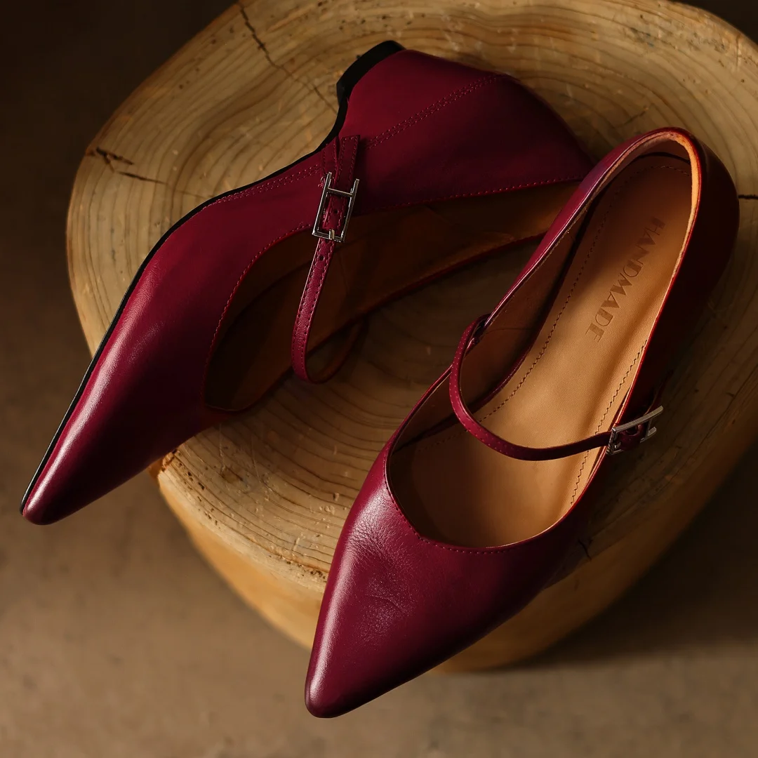 

Plus size 42 women's cow leather pointed toe metal buckle slip-on Mary Jane pumps 5.5m wedge med heel elegant ladies heels shoes