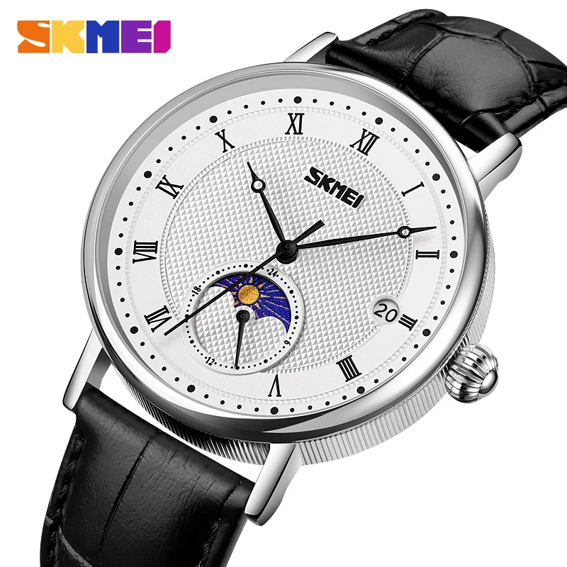 

SKMEI New Creative Moon Phase Quartz Watch Mens Casual Genuine Leather Strap Date Waterproof Wristwatches Clock reloj hombre