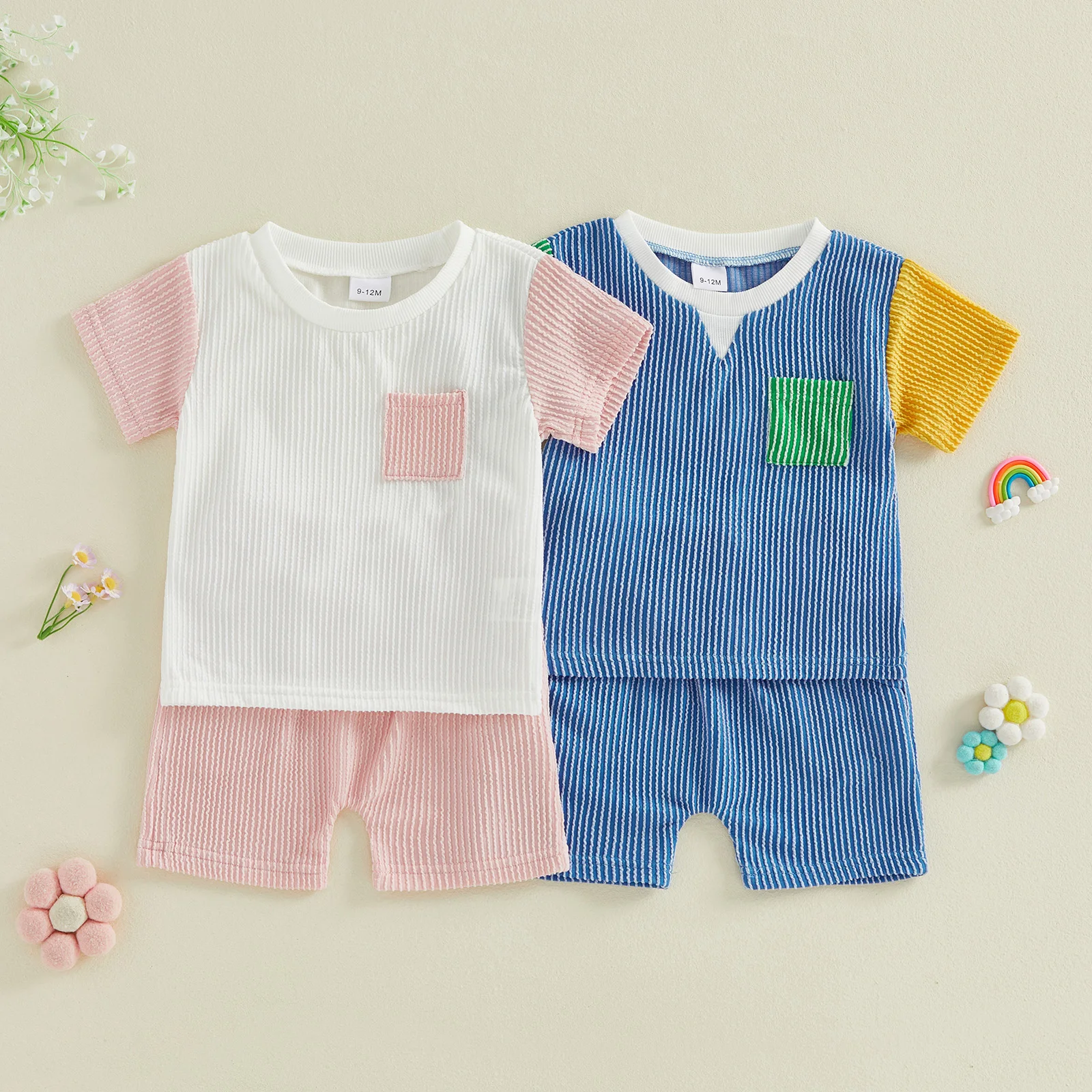 

Детская летняя повседневная одежда, полосатая футболка контрастного цвета с короткими рукавами и круглым вырезом для маленьких мальчиков и девочек, комплекты одежды из 2 предметов с шортами