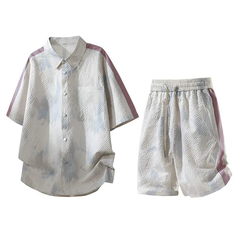 

2026 New American Ice Silk Tie-dye Striped Texture Sports Suit for Men's Summer Cool Shirt Shorts Two-piece Sports Loose Set