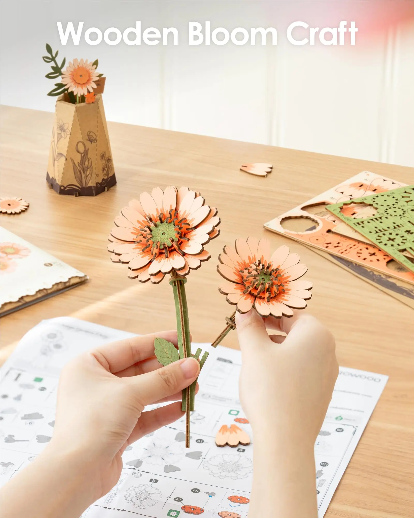 Robotime Rowood DIY 3D Wooden Puzzle for Women Family Home Decoration Building Block Kits Christmas Gifts Sakura Gerbera Daisy