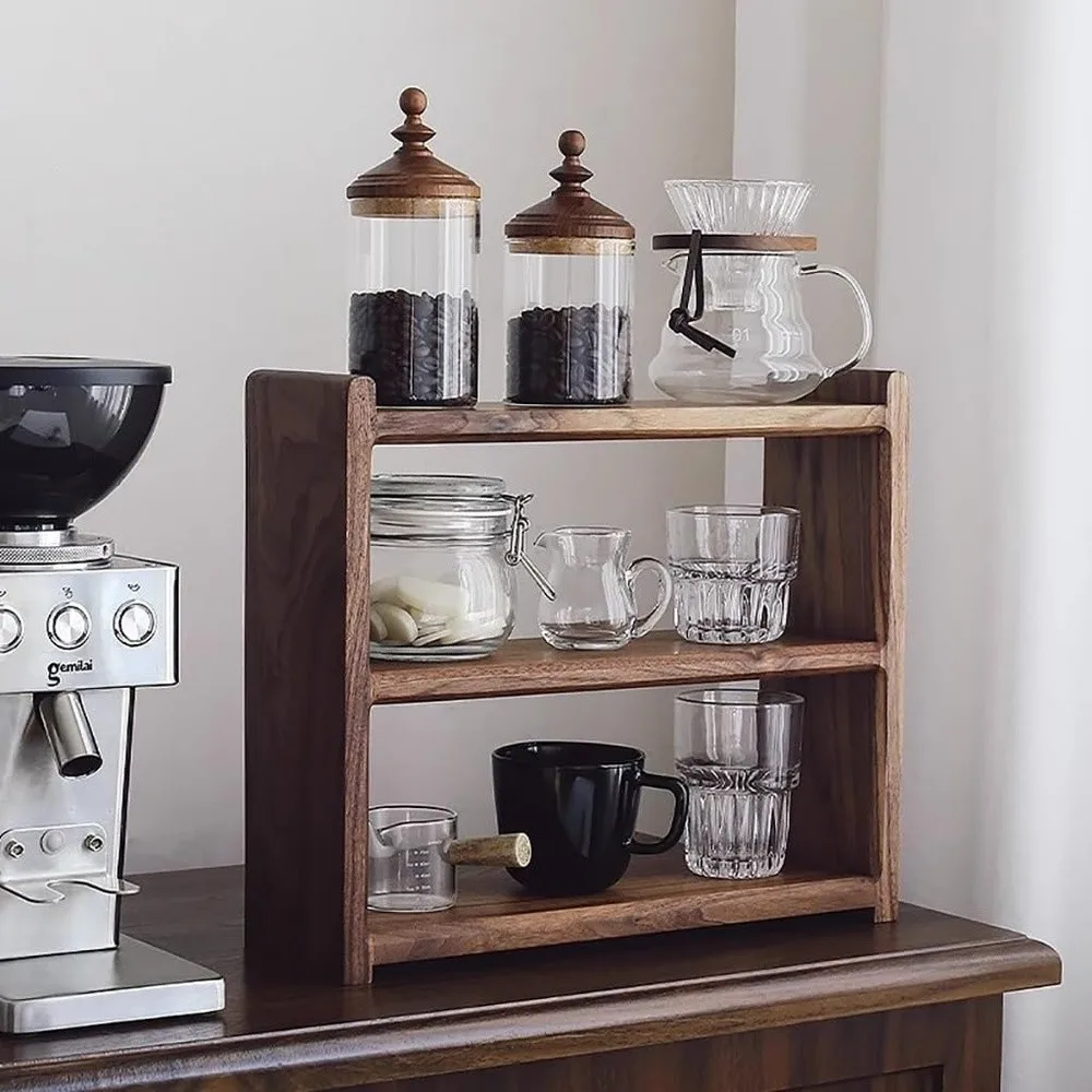 3 Tier Solid Wood Coffee Mug Display Rack Walnut Color Wooden Cup Holder Countertop Kitchen Storage Shelf Spice Jar