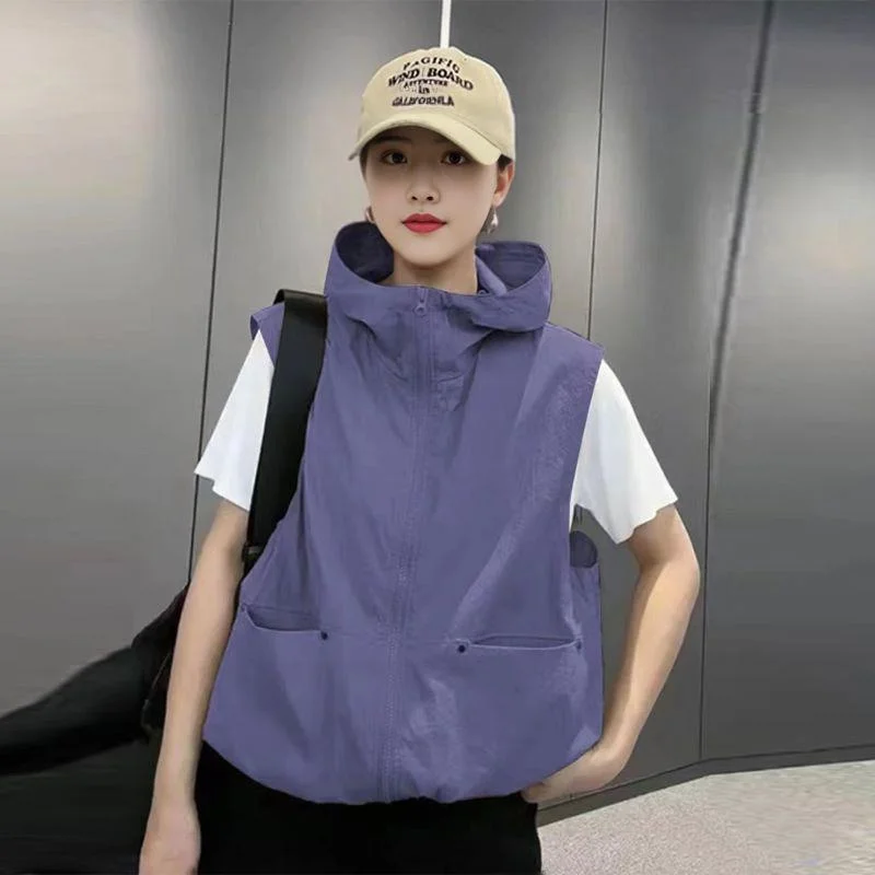

Spring Summer Women's Faionable Breathable Lightweight Loose Sle Two-Sided Wearable Sun-Protective Hooded Vest