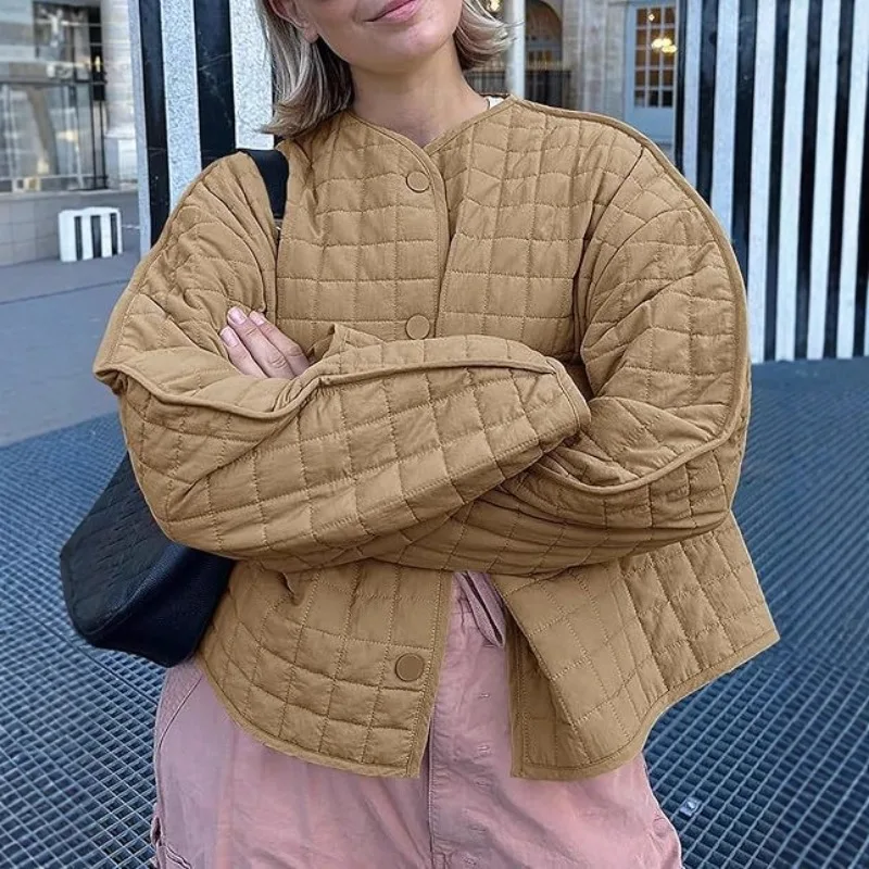 Autumn and Winter Harajuku Monochrome Plaid Quilted Coat Round Neck Pocket Cotton-padded Jacket