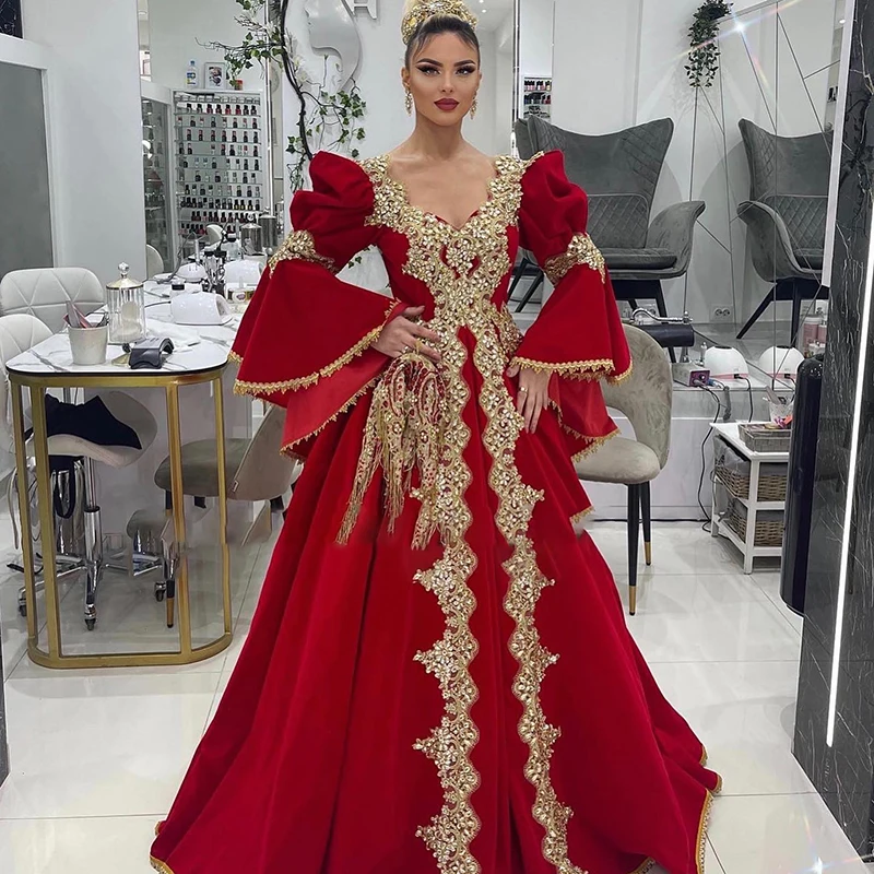 Vestido de noche tradicional albanés de Kosovo, rojo, línea A, manga larga, Abaya árabe, vestidos de graduación, apliques de cuentas, Formal personalizado