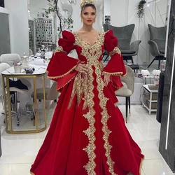 Traditional Kosovo Albanian Evening Dress Red A Line Long Sleeve Arabic Abaya Prom Dresses Beaded Applique Formal Customized