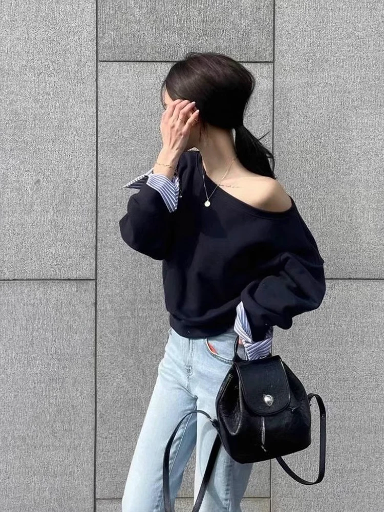

Loose Shoulder Sweatshirt Women's Short Long Sleeve Date Casual Side Shoulder Exposure Splicing Sleeve Design Spring Fashion Top