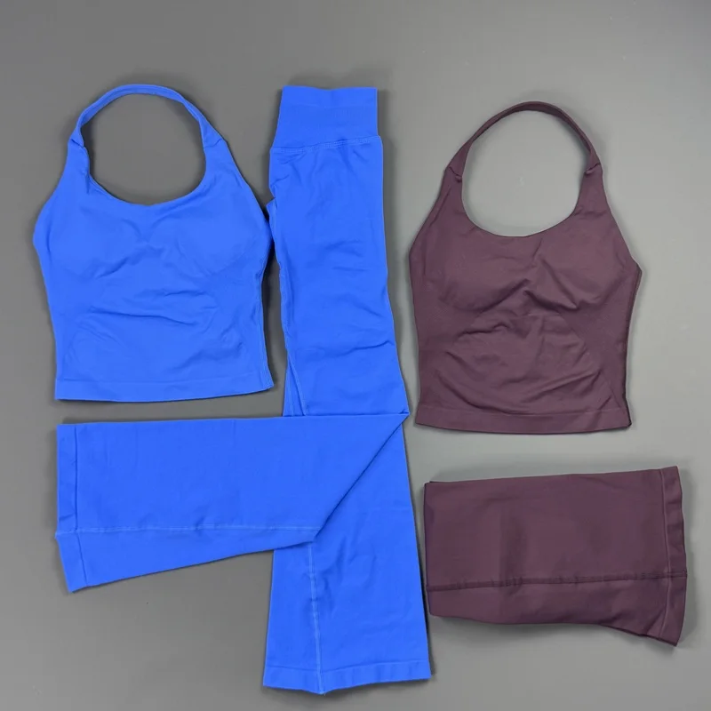 2piece Gym Set Women Halter Longline Padded Yoga Tank Top High Waist Butt Lifting Flare Leggings Squat Proof Pilates Sports Suit