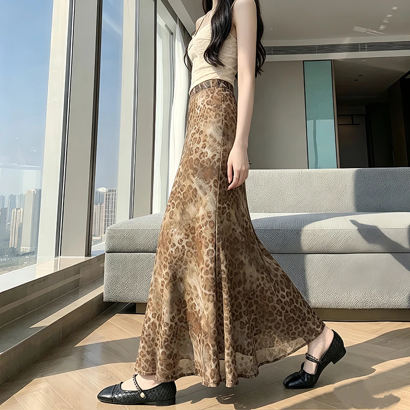 

High Waist Leopard Print Skirt Women's Summer New Style Retro Hong Kong Style A-Line Long Skirt Elegant Bodycon Skirt