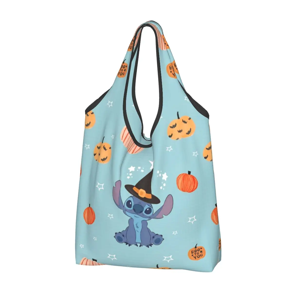 Reusable Lilo Stitch Cartoon Halloween Pumpkin Grocery Bag Machine Washable Shopping Bags Large Eco Storage Bag Attached Pouch