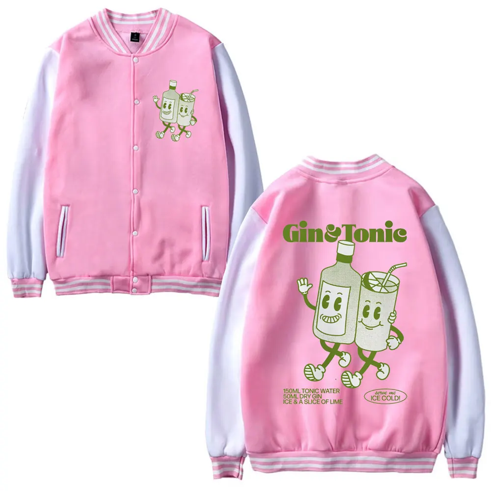 Funny GIN AND TONIC Meme Print Baseball Uniform Men Clothes Winter Fleece Baseball Jacket Unisex Cartoon Cocktail Fashion Coats