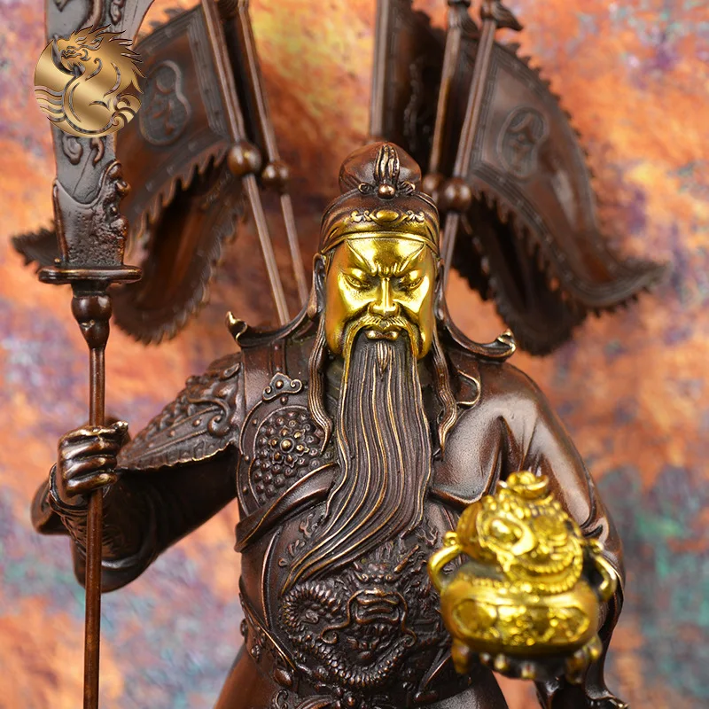 All-brass, gold-plated Nine Dragons Guan Gong statue for office or entryway, a bronze Guan Gong gift and decorative piece