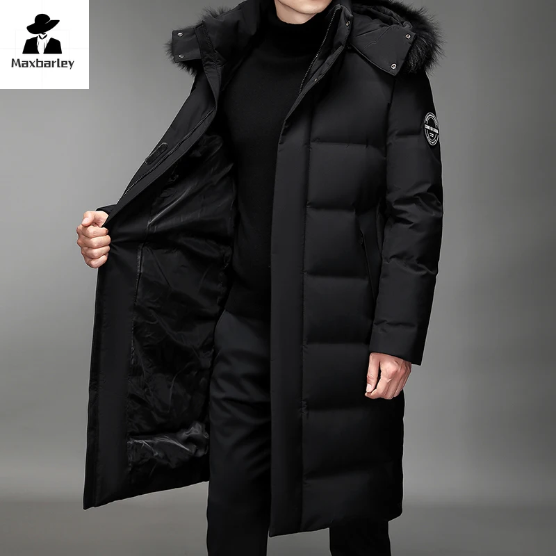 

Luxury Long Down Jacket Men's Winter Korean Style Detachable Fur Collar Cap White Duck Down Warm Coat Brand Lightweight Parka