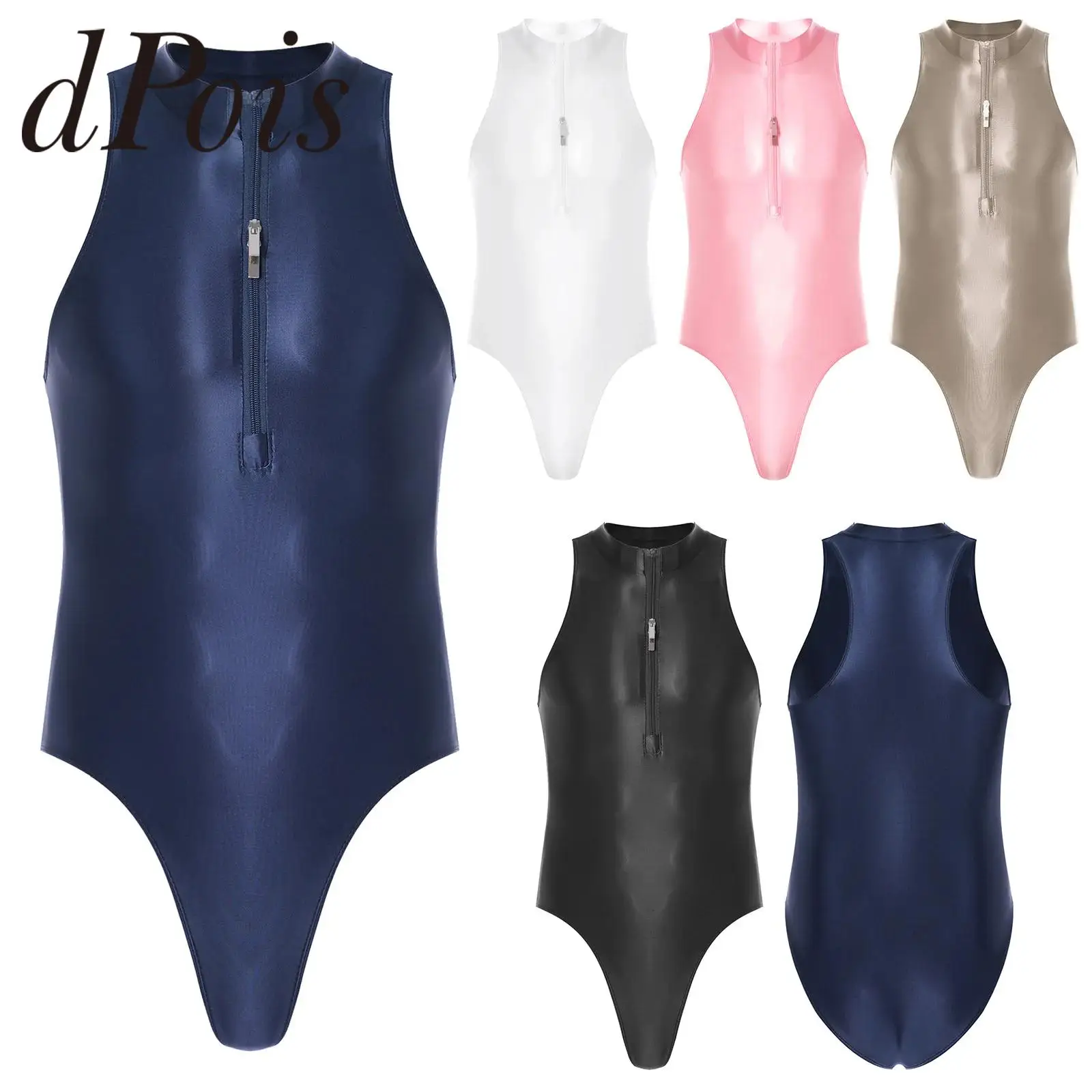 

Men's Glossy Sleeveless Bodysuit Solid Color Swimsuit Front Leotard One-Piece Swimwear Hommes Bathing Suits Party Clubwear