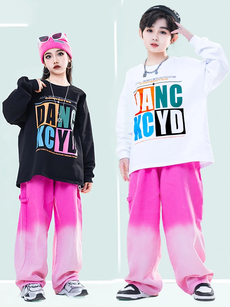 

2024 Boys Hip Hop Clothing Loose Long Sleeves Tops Pink Pants Girls Jazz Practice Dance Costume Teenager Leisure Wear BL12402