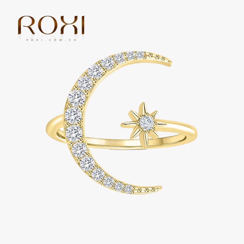 

ROXI Ins Star Moon Design Ring 925 Sterling Silver Diamond Adjustable Opening Ring Ladies Summer Seaside Proposal Ring