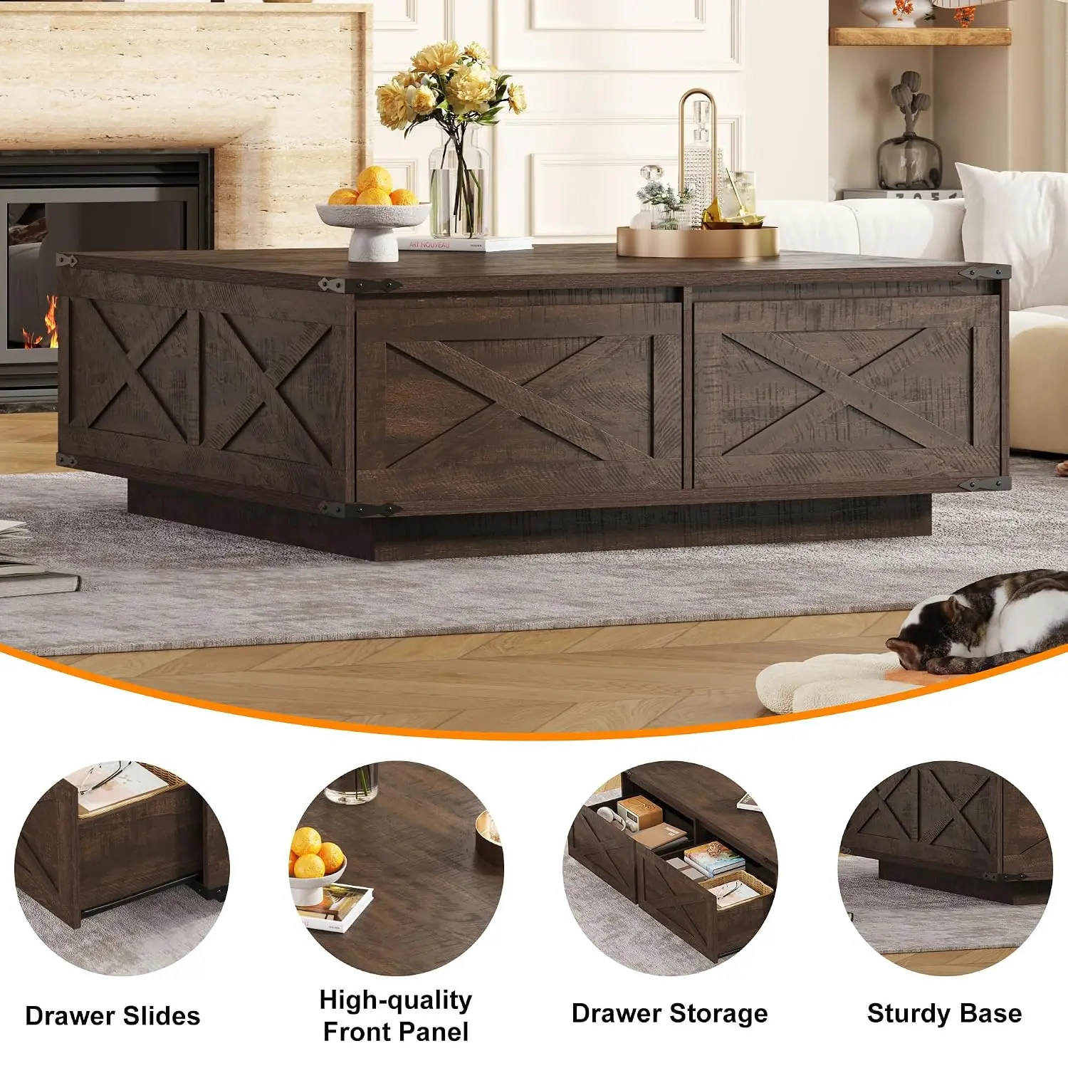 Farmhouse Square Coffee Table 4 Drawers Extra Large Wooden Storage Center Table Living Room Home Office, Customized