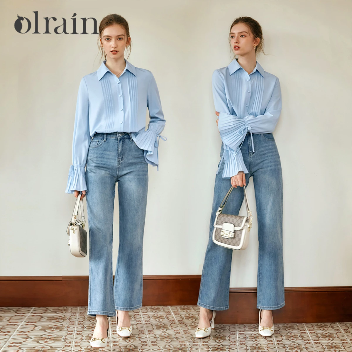OLrain Women's Cotton Blend Jeans 2026 Autumn Blue Straight Leg Denim Pants High Waist Simple Casual Female Trousers WN56QA93305
