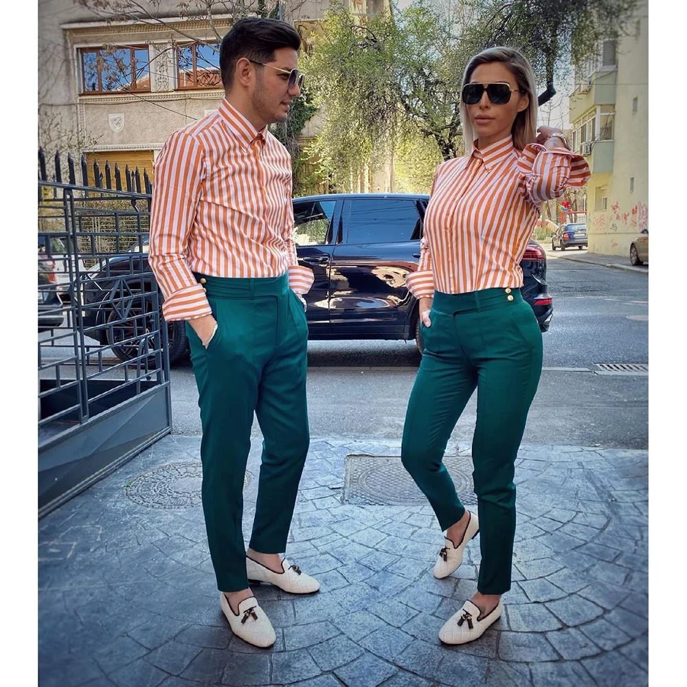 HIgh Quality Green Men Suits Couple Clothing Double Breasted Peak Lapel Green 2 Piece Jacket Pants Outfits Costume Blazer Homme