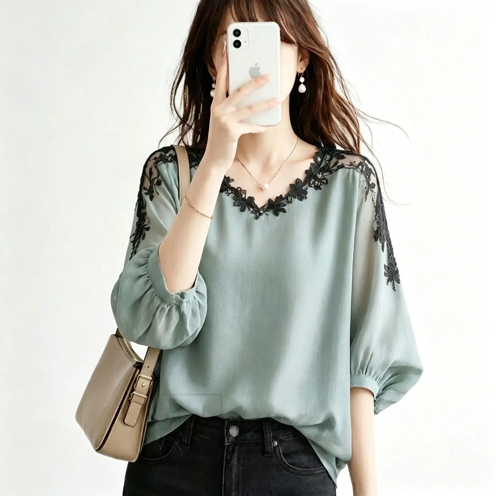 2026 New Chiffon Collection V-neck Pullover Shirt With Three-quarter Sleeves And Lace Trim, Loose Fit Elegant Lace Bandage