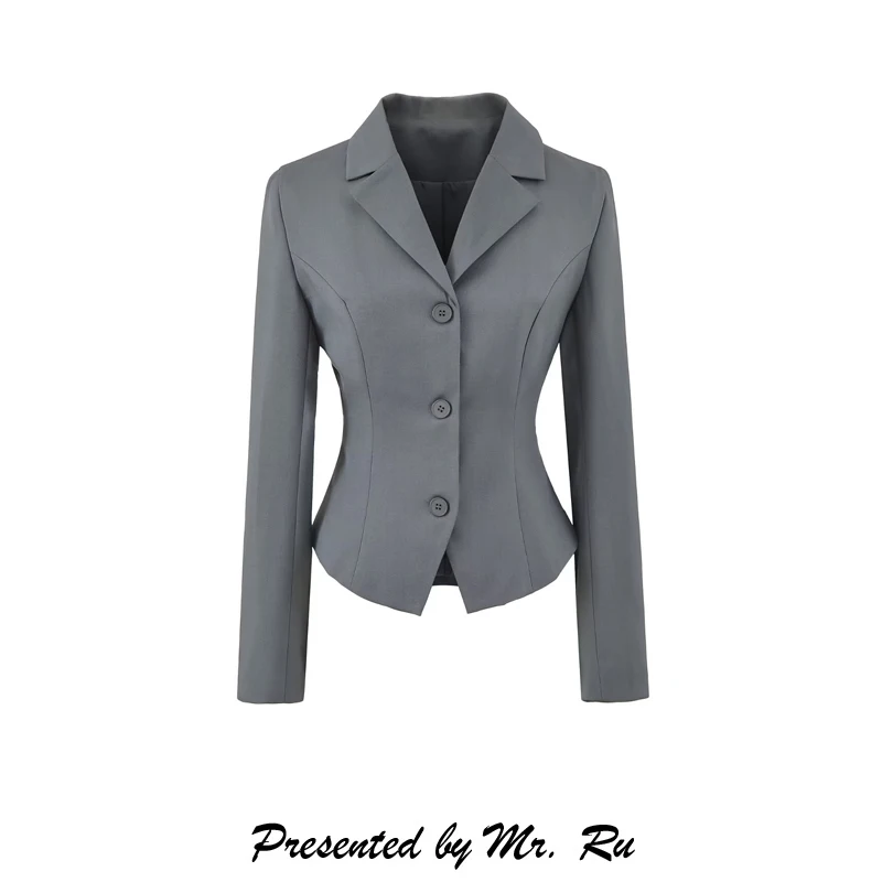 Retro OL Lady Sle Suit Jaet Waist Cinched Commute Friendly Ba Strap ey Slim Fit Long Sve Women's Polyester Fiber