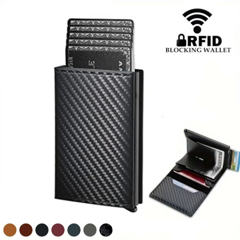 Carteira de alumínio fina de fibra de carbono para homens, titular de cartão de identificação e crédito mini carteira RFID estojo automático para cartão bancário, bolsas pretas