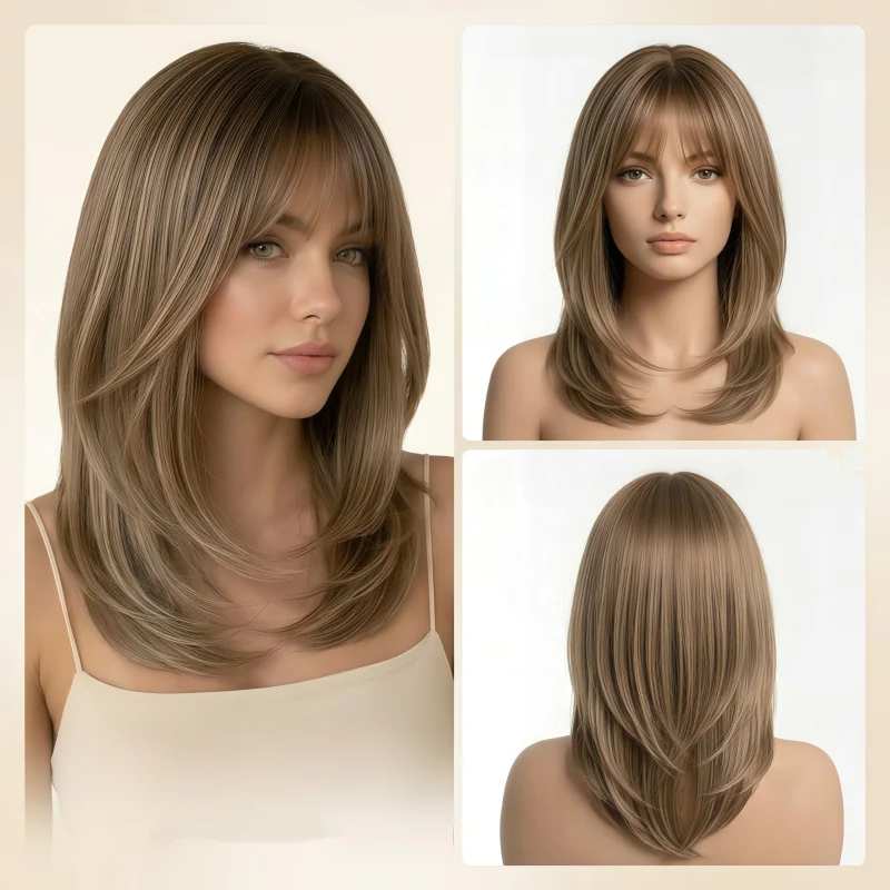 Light Brown Medium Length Layered Synthetic Wig with Bangs, Heat Resistant, Natural Looking for Women Daily & Office Wear