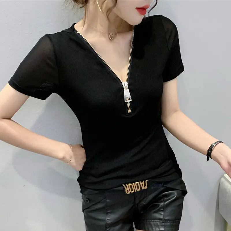 New Summer Women's Solid Colors V-Neck Zipper Short Sleeve Lace Gauze Sexy Pullovers Appear Thin Classic Fashion CommuteTops