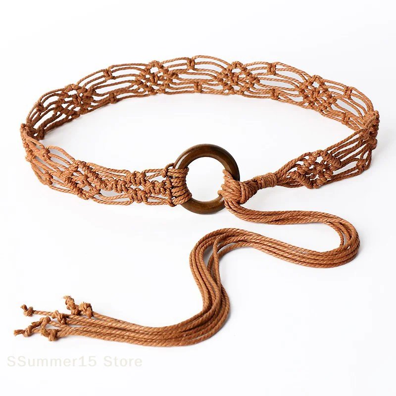 【R】Weaving Tassel Waist Rope For Women Versatile Dress Decoration Korean Knotted Thin Waist Rope Wax Thread Knotted Waist Belt