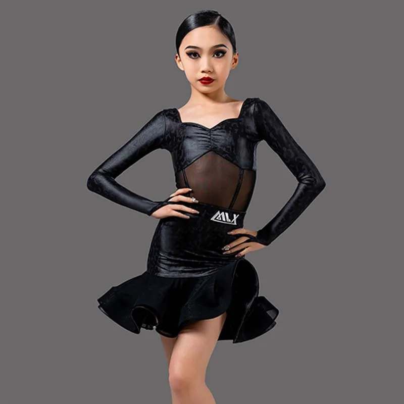 

Black Latin Dress Tango Standard Dance Professional Competition Suit Girls Dance Practice Clothes Long Sleeve Tops Skirt AMY553