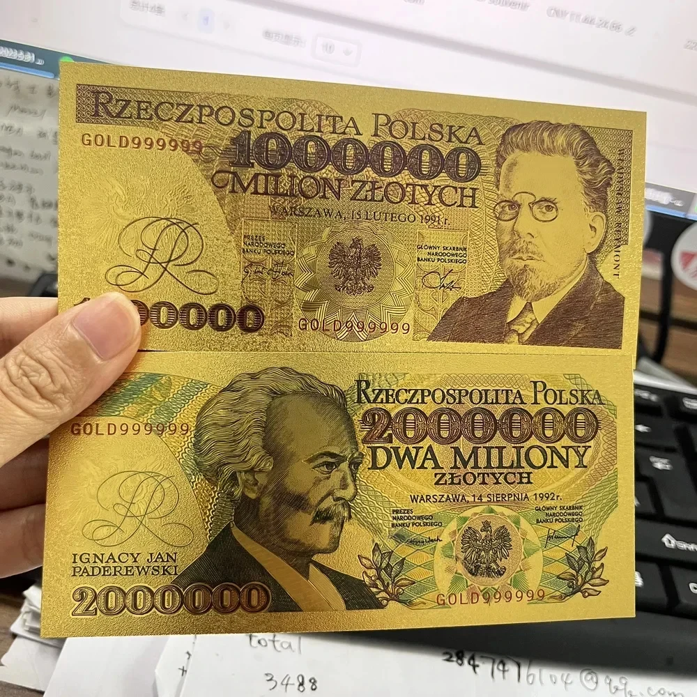 2types Gold plated Poland Banknotes 1000000 2000000 PLN dollars Polish 1million 2 million bills for Partriotism Collection