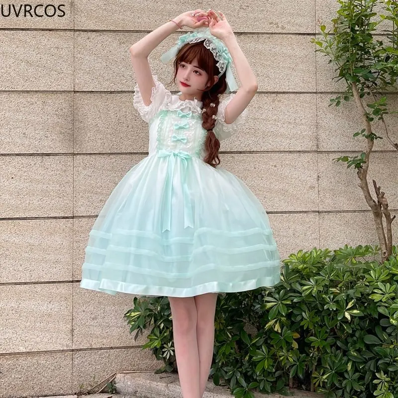 Japanische lolita stil jsk kleid frauen süße rüschen bogen ärmellose riemen kleider girly harajuku kawaii y2k prinzessin mini kleider