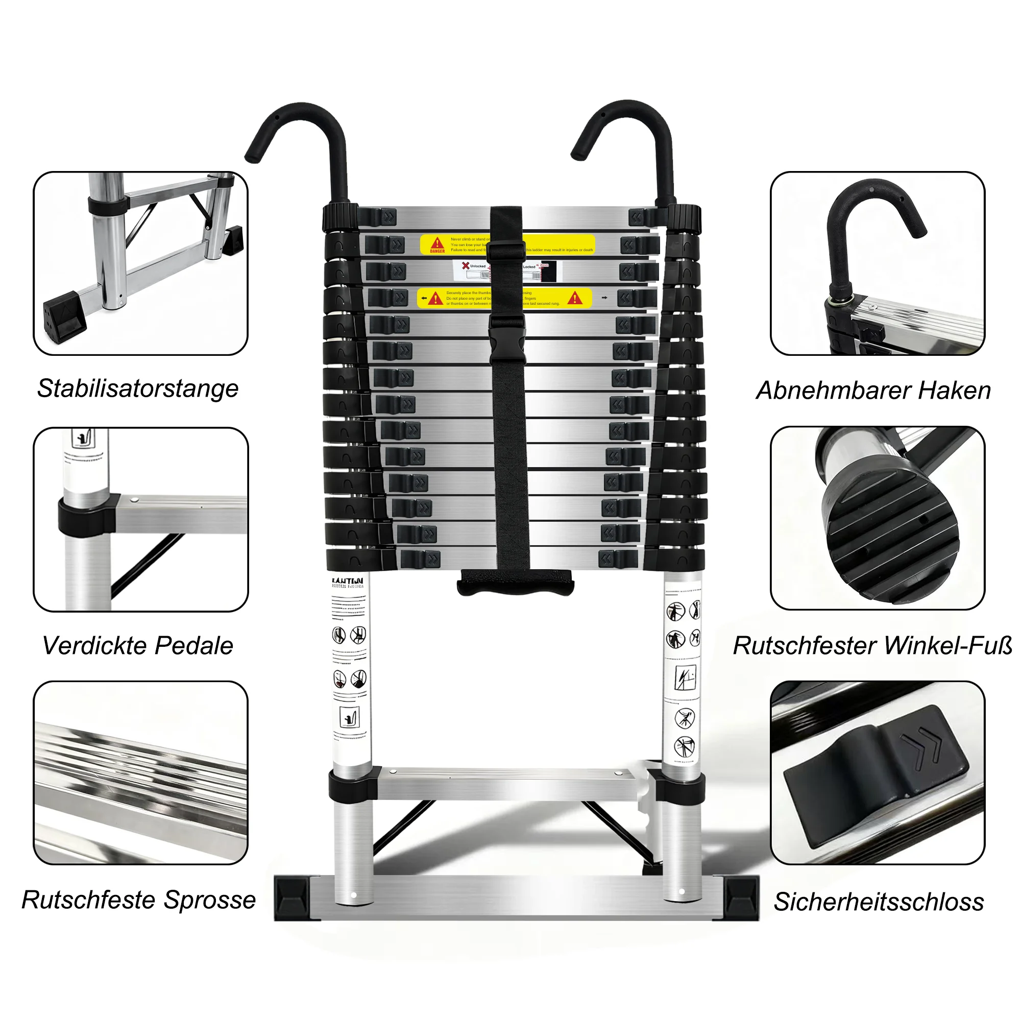 Échelle télescopique en acier inoxydable, 2,6 m-6,3 m, antidérapante, avec crochets télescopiques, légère conforme à la capacité de charge EN131 150 kg