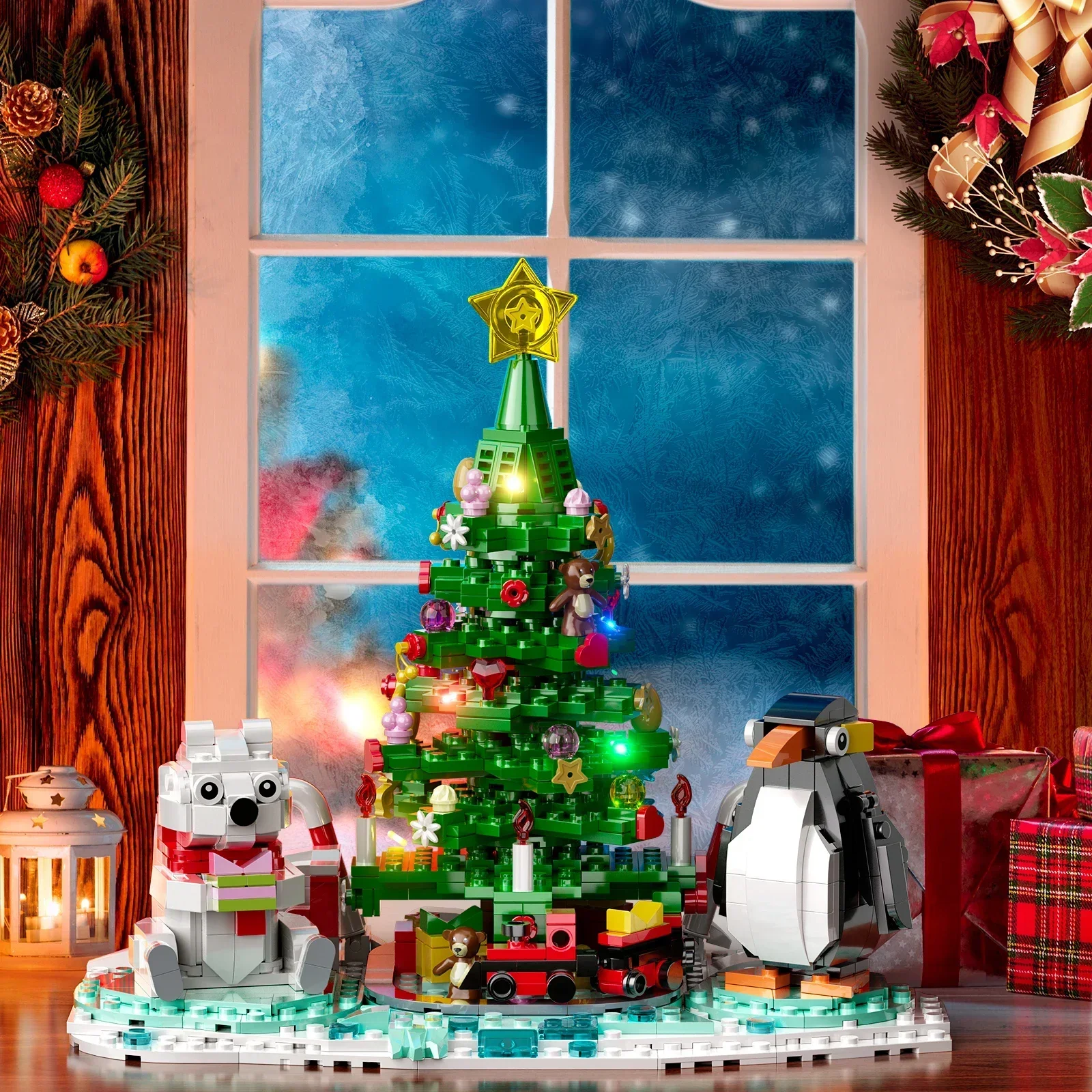 Christmas Tree Building Blocks Gift Box Set Penguin Snowman Lights Decorate MOC Assembly Model Puzzle Kids Toy Boy Birthday Gift