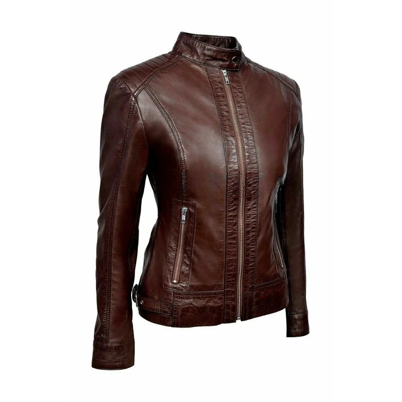 NEW Style Women Dark Brown Authentic Lambskin Pure Leather Jacket Biker Zip Coat