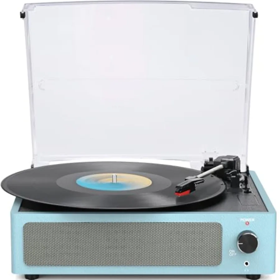 

Sleek Sky Blue Vinyl Record Player with Wireless Bluetooth Speakers 3 Speed Turntable AUX-in RCA Line Auto Stop All-in-One LP P