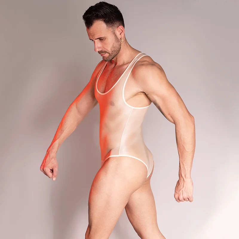 Sexy Bodysuit Oil Glossy Sheer Bodysuit Men Sleeveless See Through Jumpsuit Playsuit Male Undershirt Adult XXX Sex Porno Costume