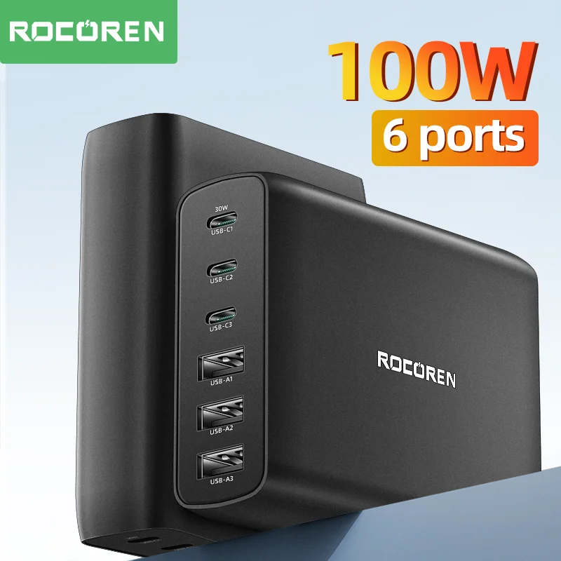 

Rocoren GaN 100W USB Charger 6 Ports Type C PD Fast Charging Charger Quick Charge USBC Desktop Charger For iPhone Samsung Xiaomi