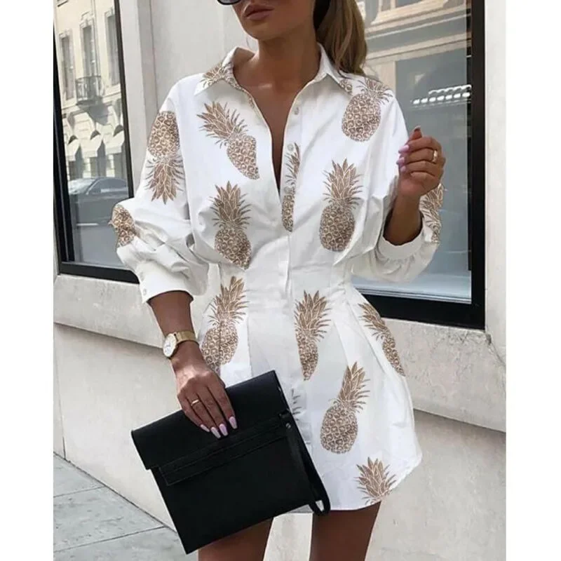 

Women's Dress Long-sleeved Pineapple Shirt Dress Letter Print Mini Ladies Dresses Ladies Summer Outerwear Fashion Petticoat 2022