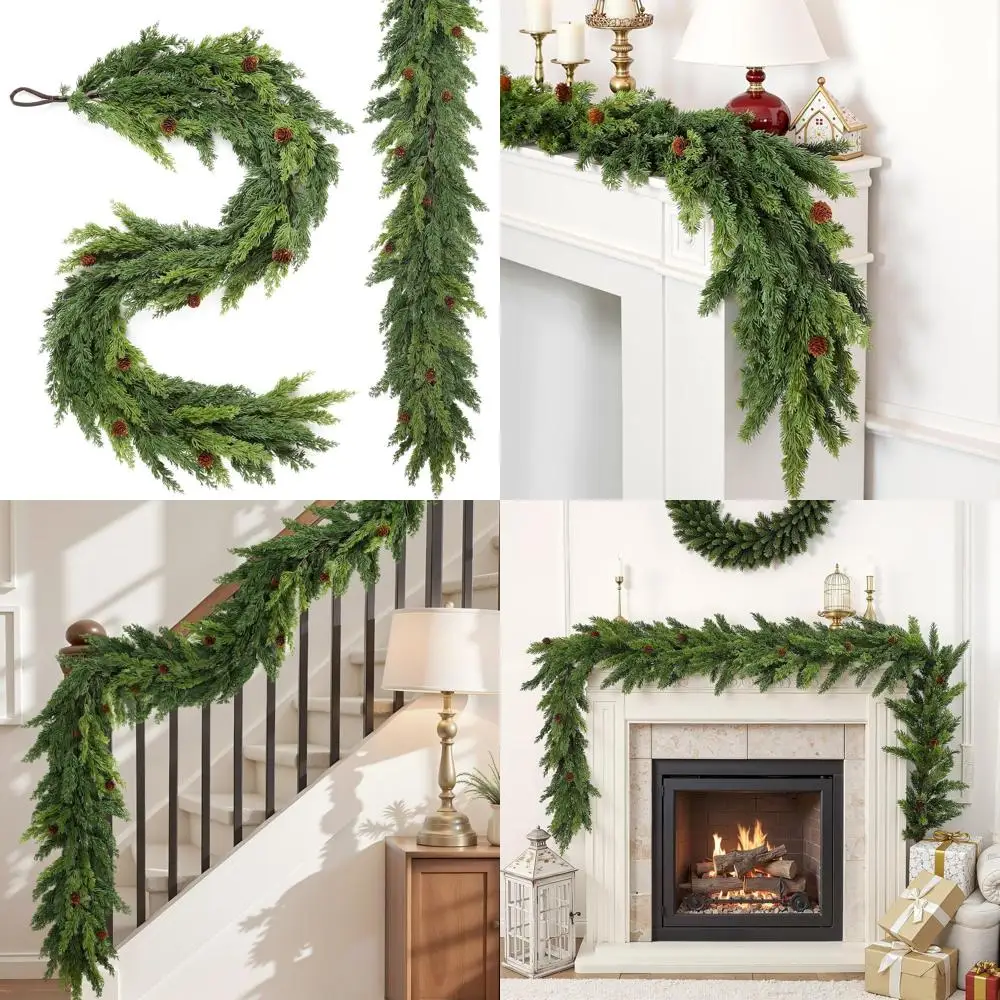 

6FT Dual Cedar Pine Garlands with Realistic Greenery and Pinecones for Christmas Decor, Suitable for Indoor and Outdoor Use