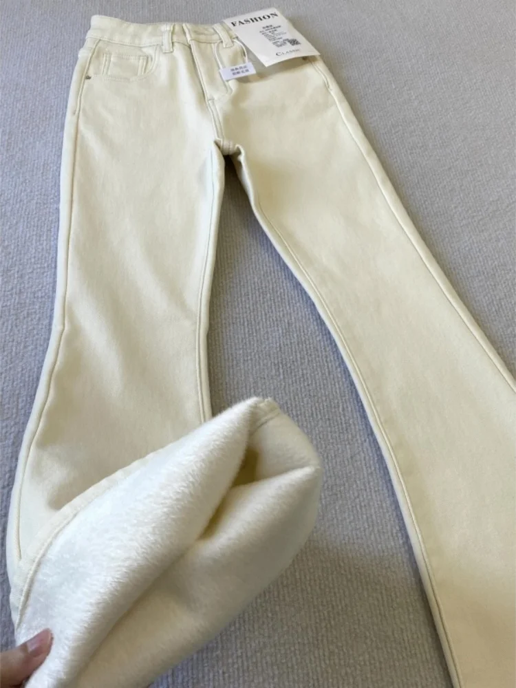 

Белые джинсы-колокольчики на подкладке с подкладкой Fce, женские осенне-зимние широкие джинсовые брюки больших размеров с высокой талией