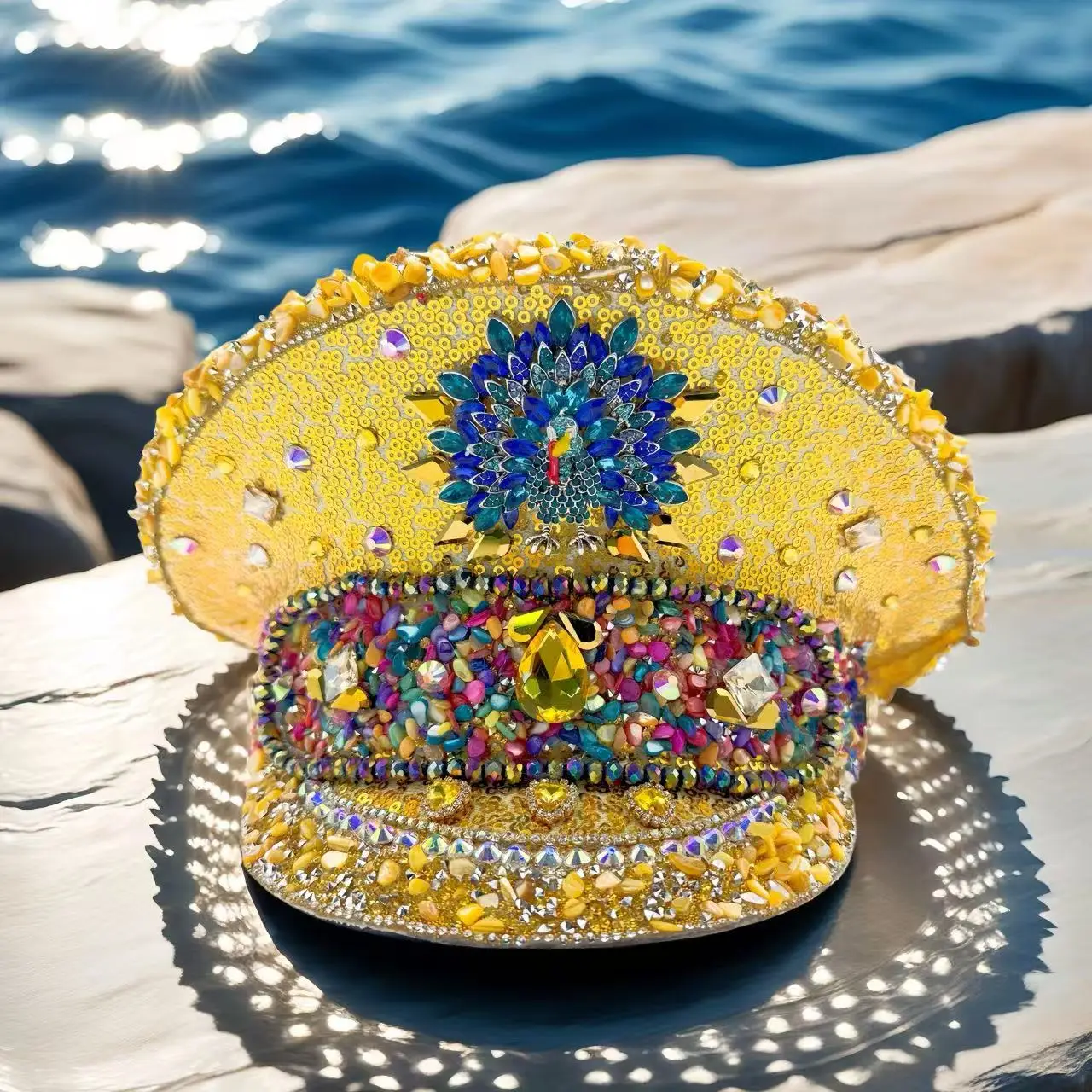 HongLuan gele glitter kapitein hoeden strass voor muziekfestival vrouw, carnaval kostuum hoed volwassene, cosplay vrouwelijke accessoires