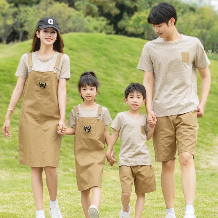 Mother and Daughter Matching T Shirt Suspenders Dress Two Piece Sets Mom Girl Sleeveless Dresses Sets Dad Son Outfits for Family