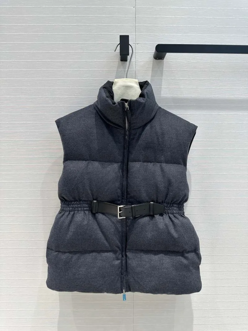 

Korean style women's vest, fashionable and exquisite, simple stand up collar belt, waist cinching, sleeveless vest, down jacket