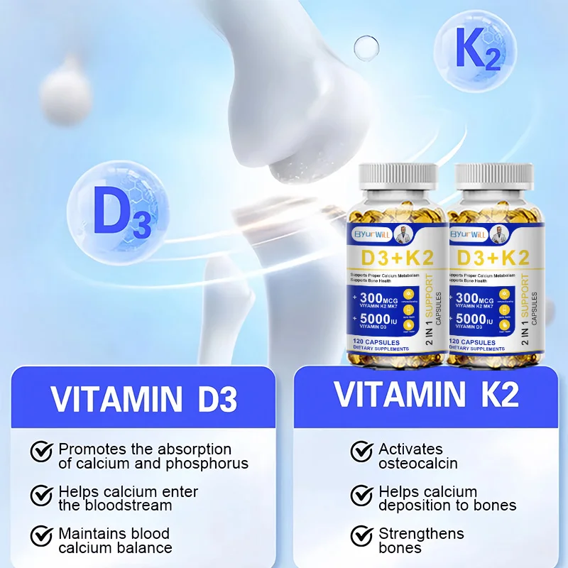 Vitamin D3+K2 Capsule ,Height Grow, Boost Calcium Absorption, Joint, Bone & Immune System Support, Nutrition Supplement Vegan