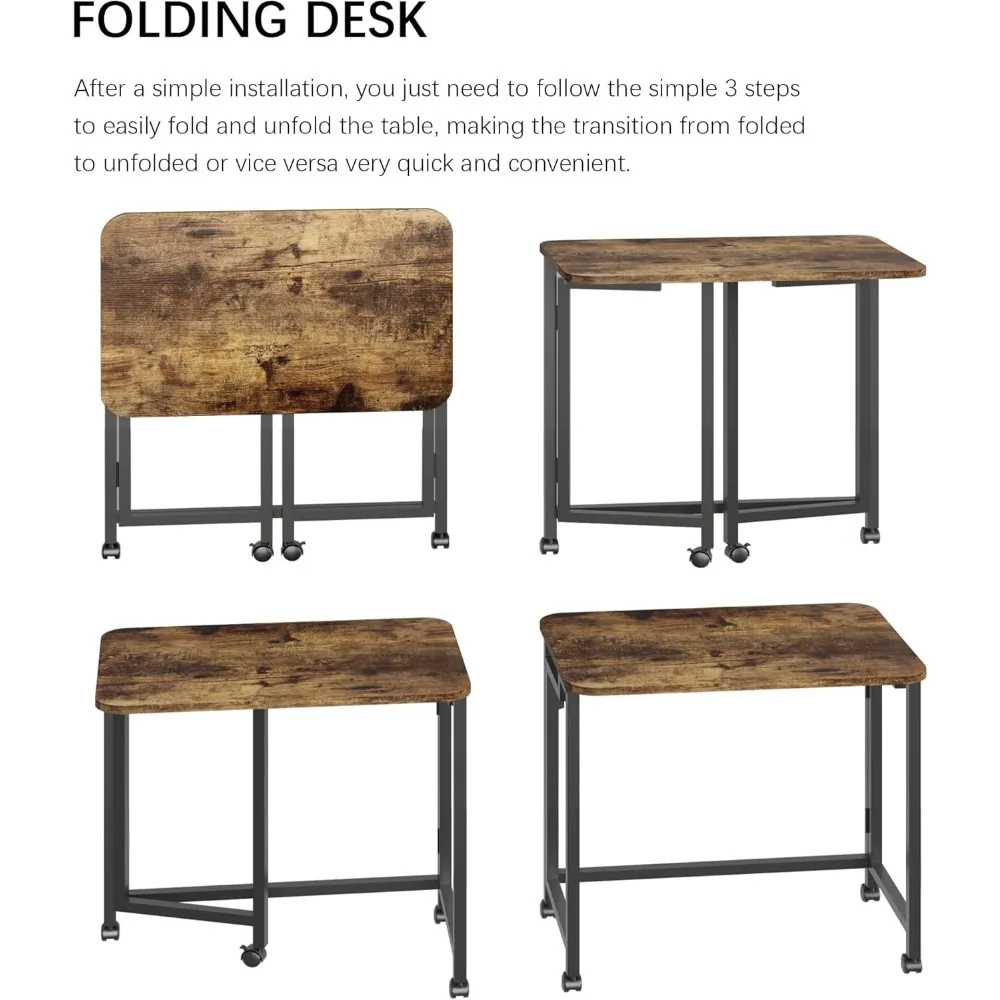 Folding Laptop Desk with Wheels, Modern Industrial Style, Home Office Writing Table, Rustic Brown, 23.6 Inches