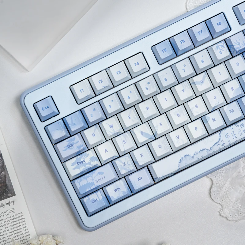 Chinese Ink Wash Landscape Theme PBT Dye-Sub Cherry Profile Blue Keycaps for 60% 75% TKL 96% 100% MX Switch Mechanical Keyboard