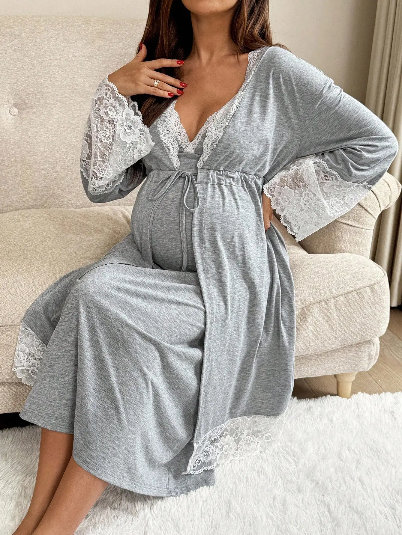 2-Piece Maternity Lace-Trimmed Long Sleeve Robe and Camisole Nursing Set